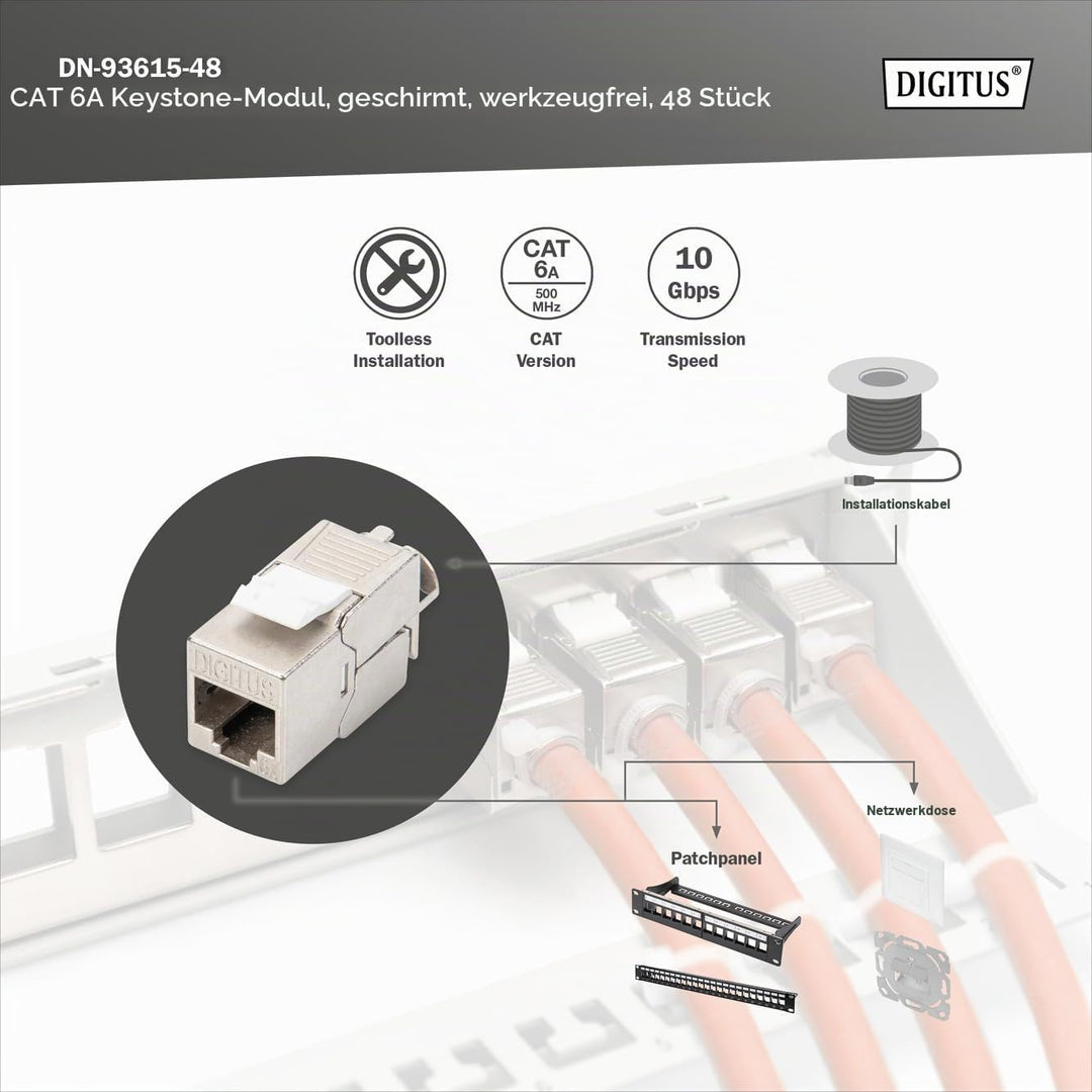 DIGITUS Keystone-Modul Cat-6A Geschirmt - 48 Stück - RJ45-Buchse - 500 MHz 10GBase-T - AWG 26-22 - W
