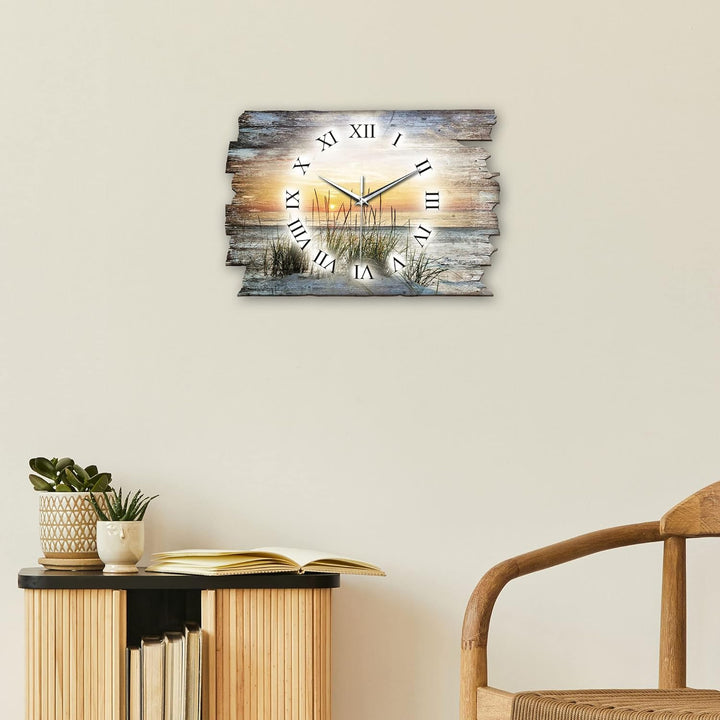 Kreative Feder Sandstrand Meer Landhaus Shabby Style Designer Wanduhr Funkuhr aus Holz *Made in Germ