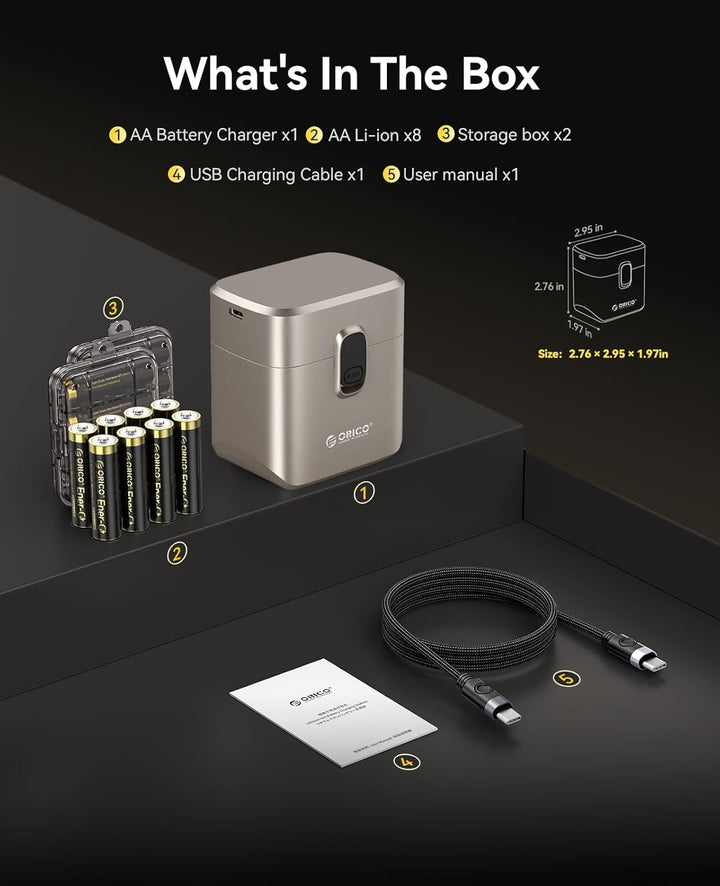 ORICO Ladegerät für AA Lithium Akkus mit 8X 1,5V wiederaufladbare Batterien (2300mWh), 3h Schnelllad