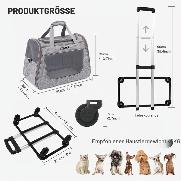 PETCUTE Katzen Transportboxen Bis zu 9 kg,Atmungsaktiv Haustier Transportbox mit Teleskopgriff und R