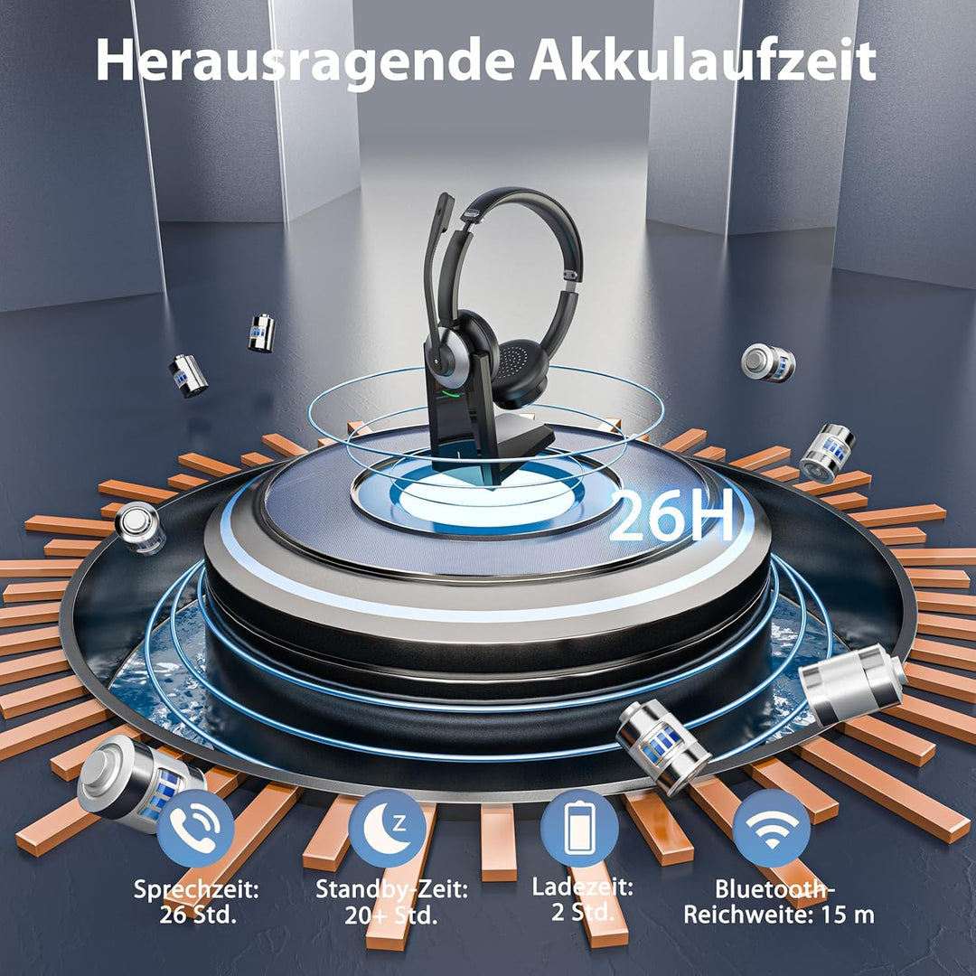 Bluetooth Headset mit Mikrofon, Kabelloses Office Headset mit ENC Mikrofon Black/Grey, Black/Grey
