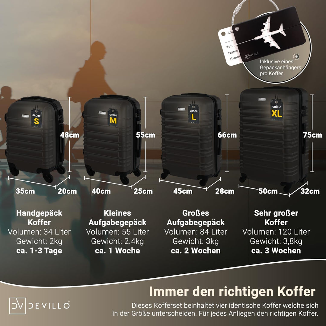 Devillo® Hartschalenkofferset Kofferset 4tlg. S-M-L-XL, Schwarz - Hard Shell Trolley Koffer Reisekof