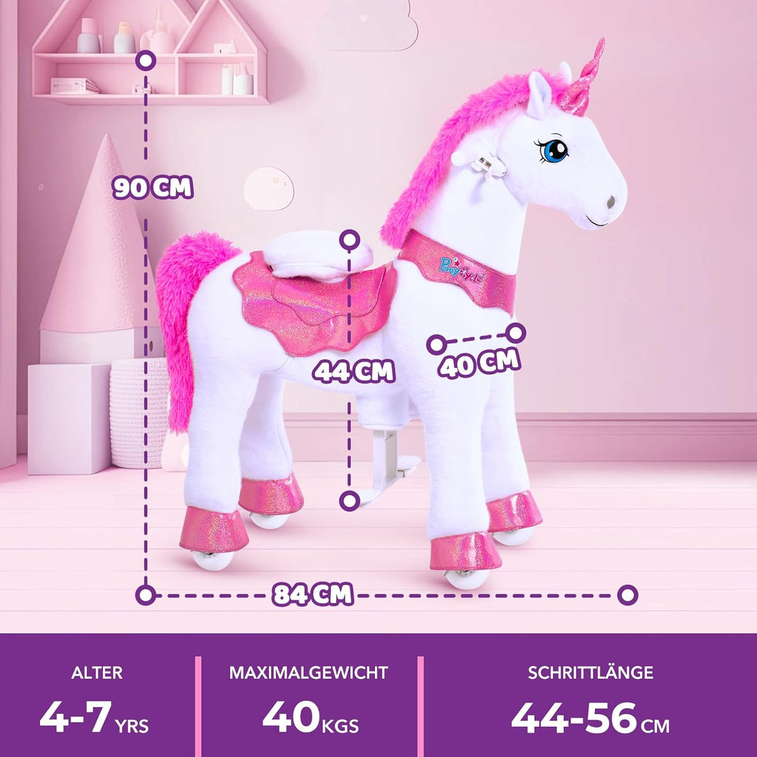 PonyCycle® Einhorn auf Rollen | für Kinder 4–7 Jahre, 90cm | Rosa Plüsch Reitpferd mit Handbremse |