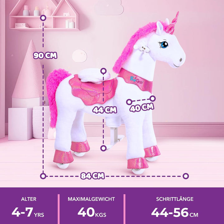 PonyCycle® Einhorn auf Rollen | für Kinder 4–7 Jahre, 90cm | Rosa Plüsch Reitpferd mit Handbremse |