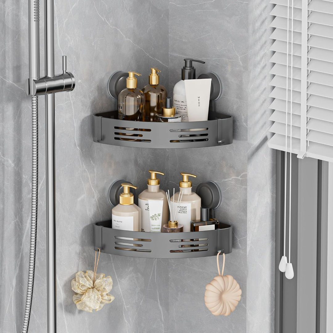 Duschablage Ohne Bohren Ecke 2er Set, Duschregal Saugnapf Mit 4 Haken Gunmetal Grau, Gunmetal Grau