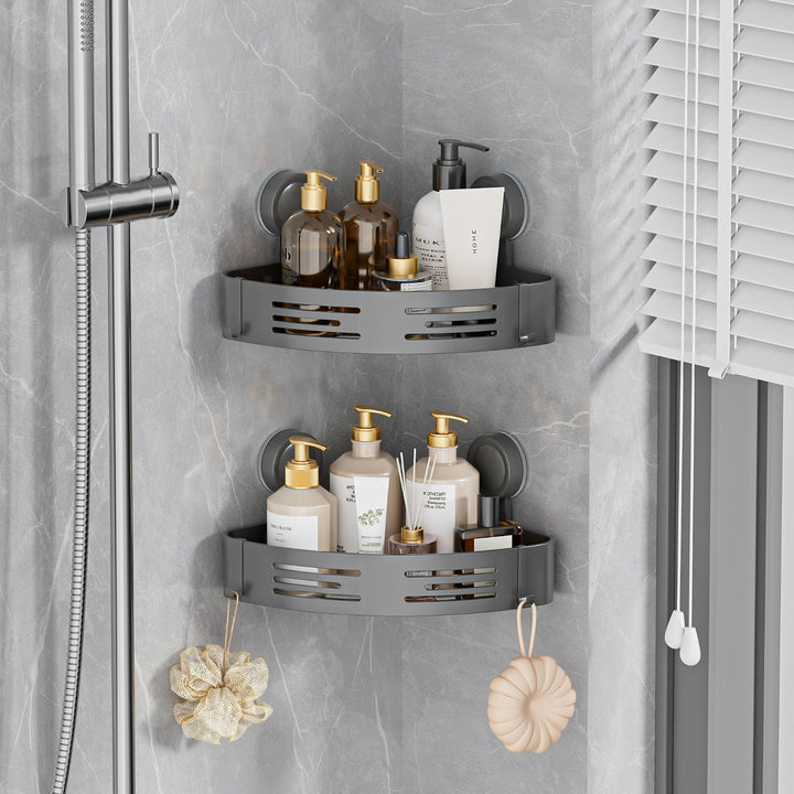 Duschablage Ohne Bohren Ecke 2er Set, Duschregal Saugnapf Mit 4 Haken Gunmetal Grau, Gunmetal Grau