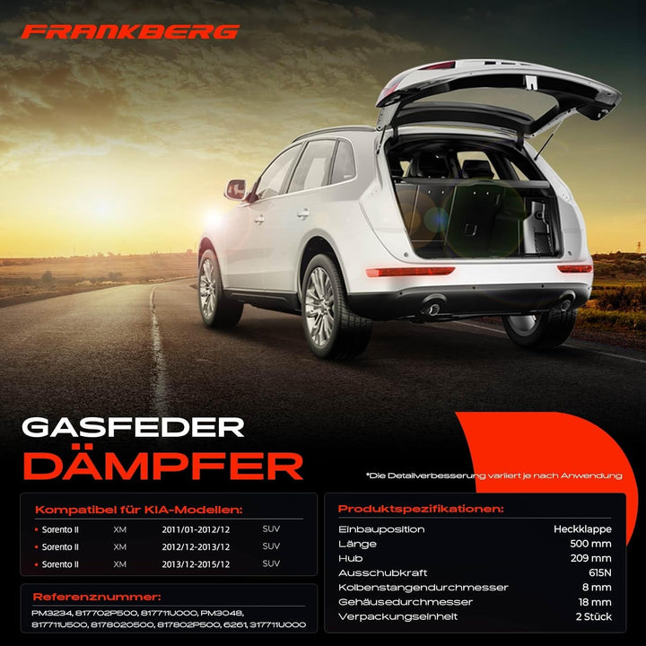 Frankberg 2x Gasfeder Dämpfer Heckklappe Kompatibel mit Sorento II XM Alle Motoren SUV 2011-2015 Rep