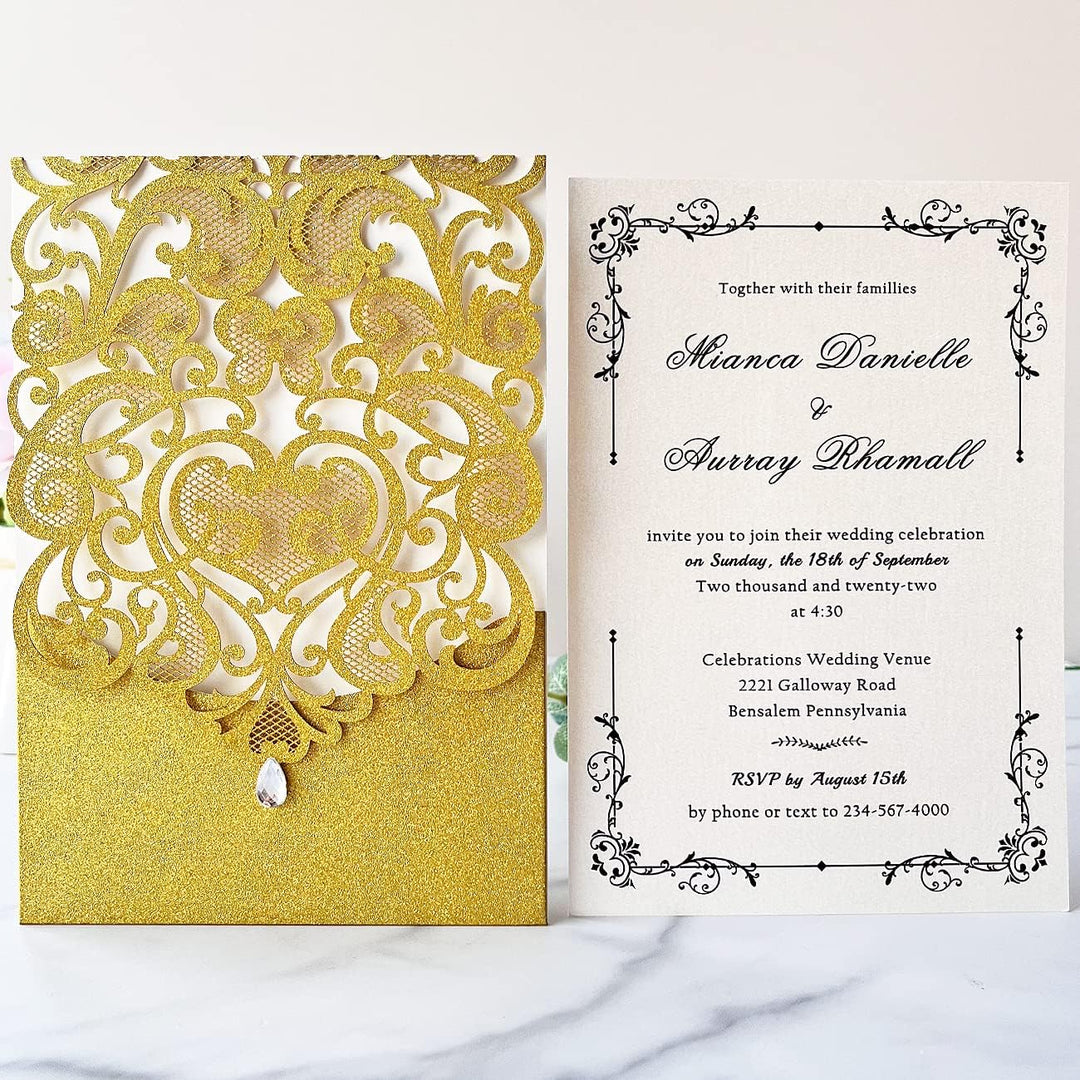 Hosmsua 20x Golden Glitzer Hochzeit EinladungsKarten Lasercut Rose Spitze Wasserdiamant Hochzeitsein