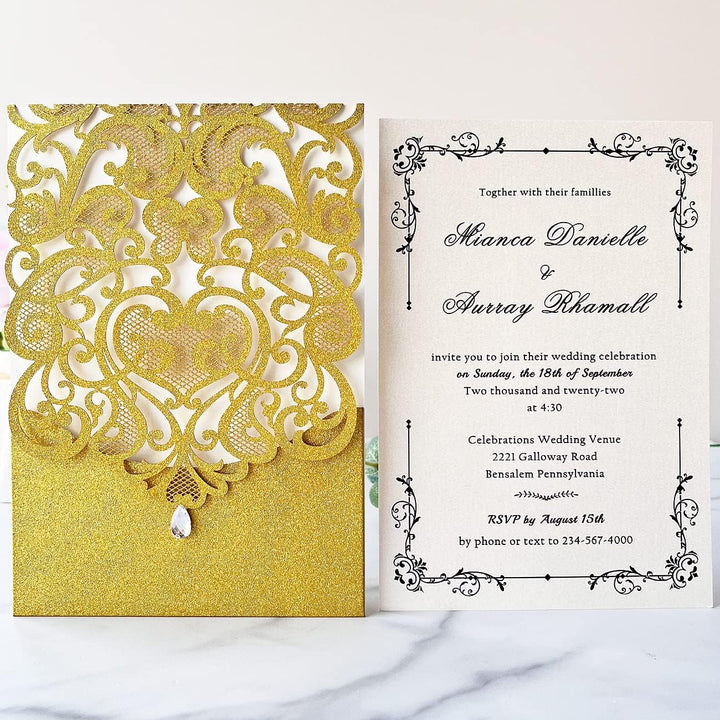 Hosmsua 20x Golden Glitzer Hochzeit EinladungsKarten Lasercut Rose Spitze Wasserdiamant Hochzeitsein
