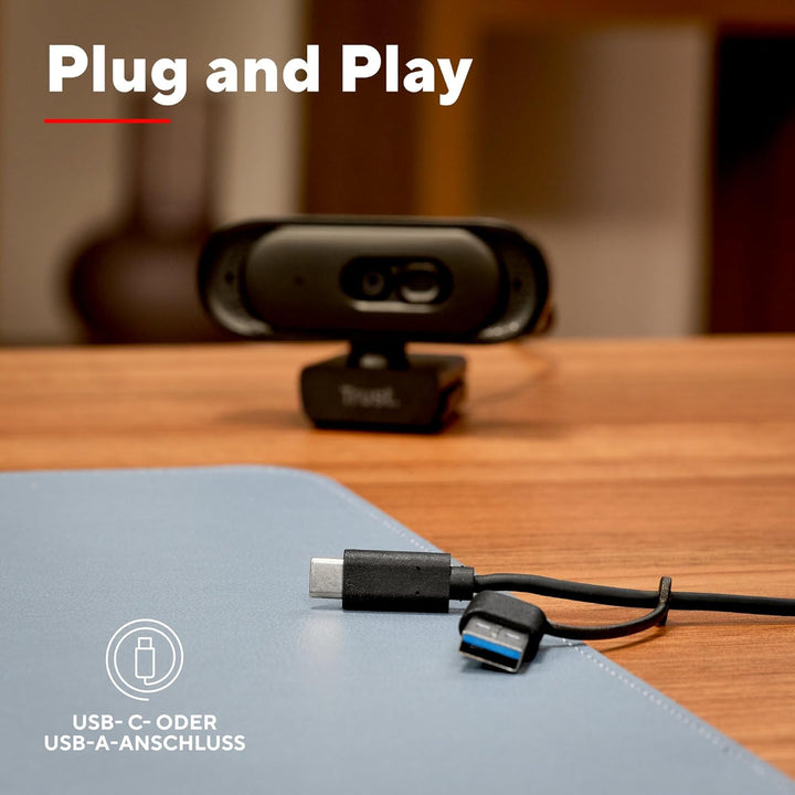 Trust Ovala 2K QHD Webcam mit Mikrofon und Blickschutzfilter, 75° Sichtfeld, USB-C/USB-A, Fester Fok