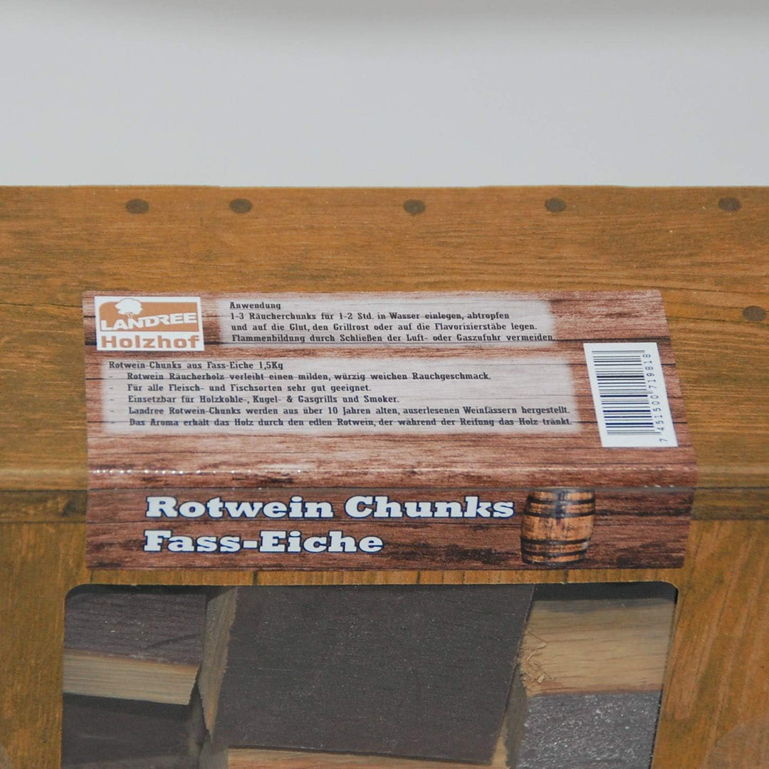 Rotwein Chunks Fass-Eiche, Box 1,5 Kg von Landree® BBQ Smokerholz vom Original-Fass für das besonder