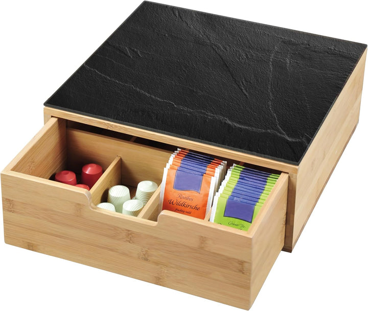Kesper | Box mit Schublade, Material: Bambus, Glas, Masse: 30 x 31 x 9,5 cm, Farbe: Braun, Schwarz |