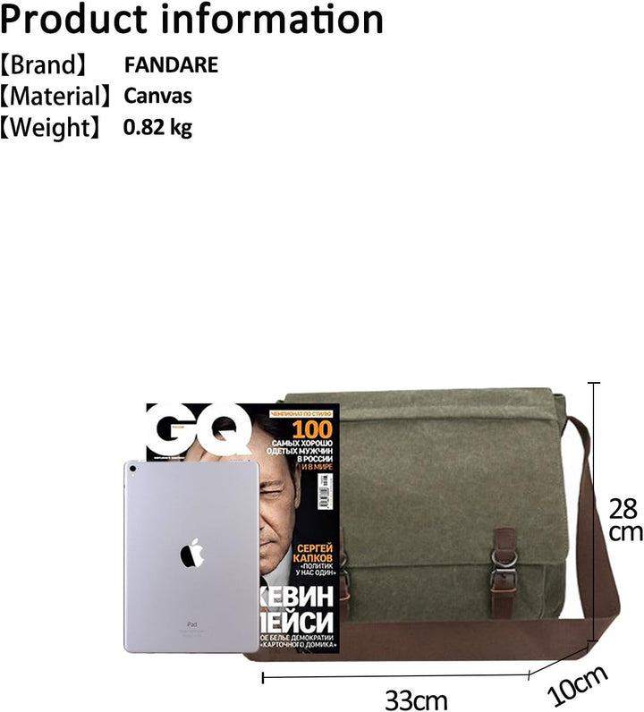 FANDARE Retro Umhängetasche Segeltuch Schultertasche Herren Damen Lehrertasche Briefträgertasche für