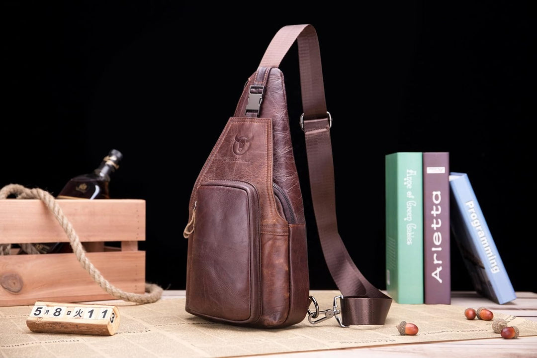 Novatech Rindleder Schultertasche, Rindleder Sling Rucksack Herren, Umhängetasche, Brusttasche, Ruck