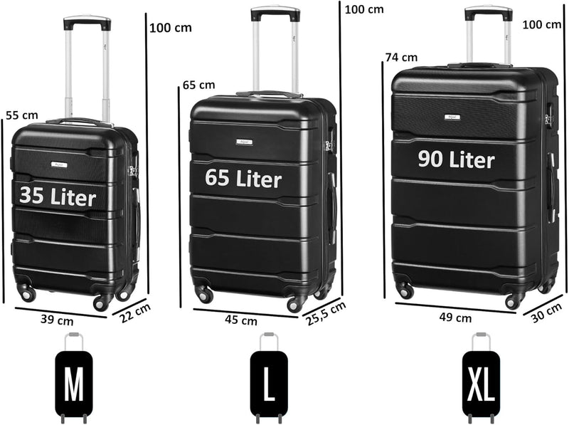 Zelsius Koffer Set 3 Stück, Schwarz | ABS Hartschalenkoffer mit Zahlenschloss, Doppelrollen und Inne