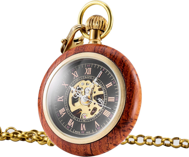 TREEWETO Unisex Holz Taschenuhr mit Kette Analog Handaufzug Skelett Römische Ziffern