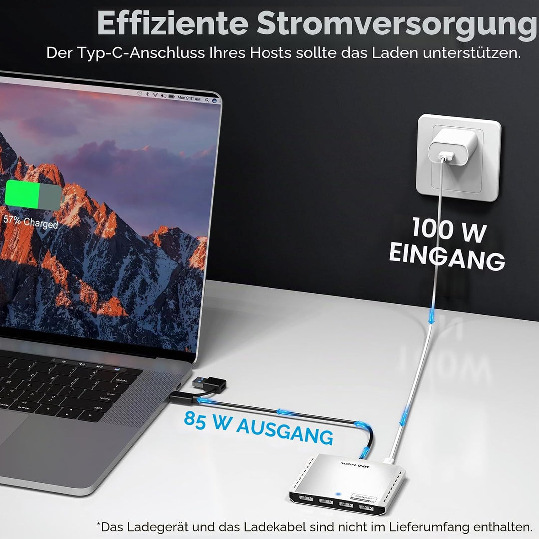 WAVLINK USB 3.0 or USB C to Quad Displayport Splitter Extended Display for Four Monitor with 85W PD,