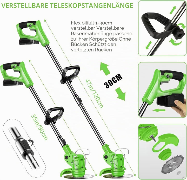 Rasentrimmer mit Akku, 3 in 1 Elektrischer Motorsense mit 2 X 21V 2000 mAh, Freischneider mit 3 Vers