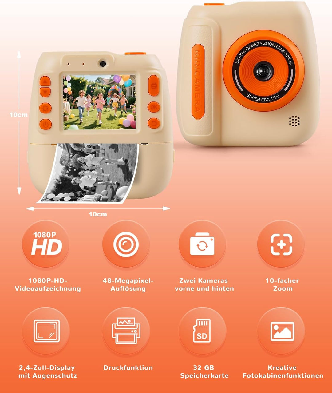 Sofortbildkamera für Kinder, 12 MP/1080P Digitalkamera für Kinder mit 32 G Karte und 3 Papierrollen,