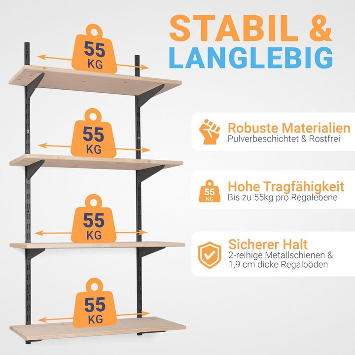 · Wandregal Metall mit Boden · Regal in 50 Varianten · Höhe: 150 cm · 5 Ebenen in 80 x 50 cm (B x T)