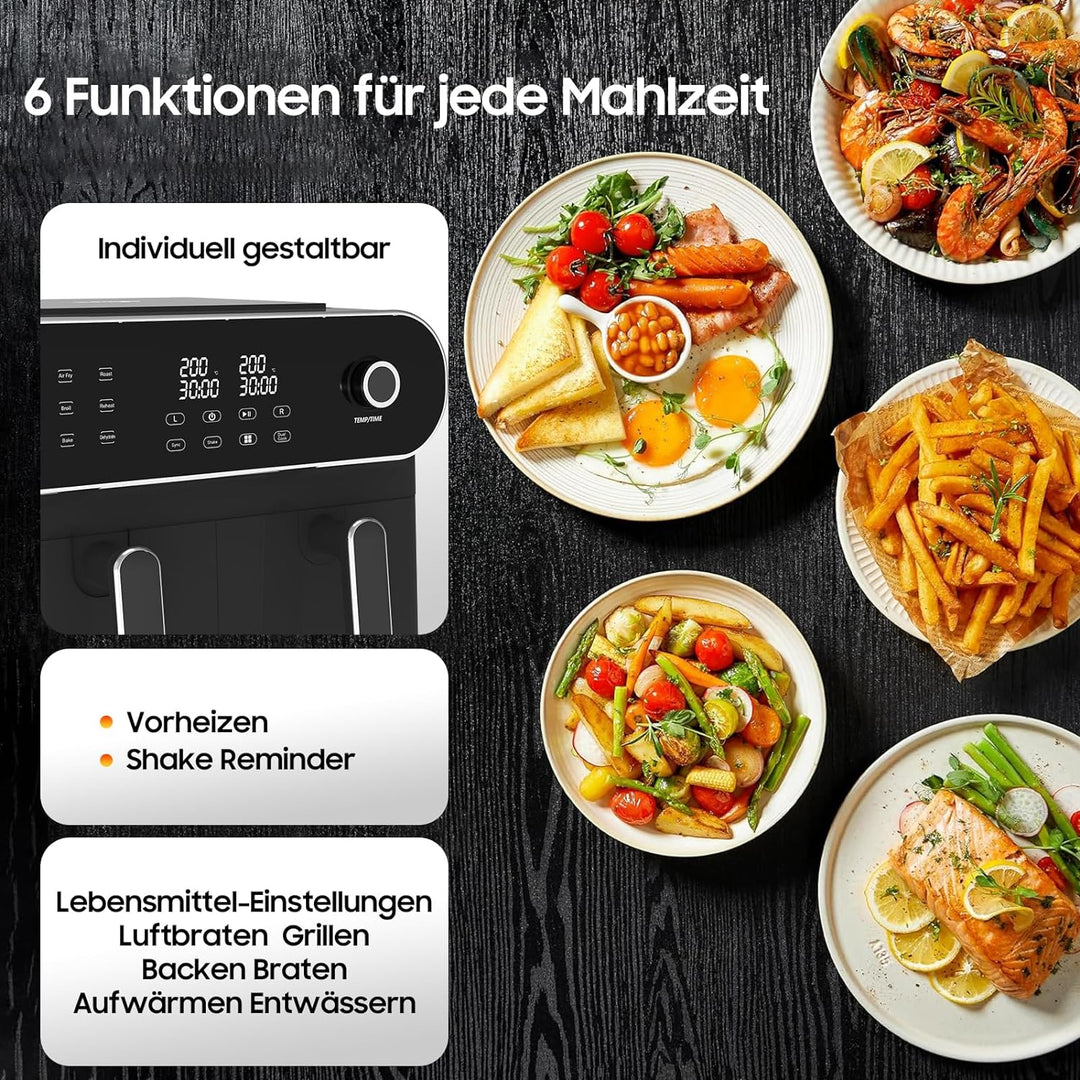 iceagle Heissluftfritteuse 2 Kammern Airfryer XXL 11L - 1700 W Heissluftfritteuse mit 2 Fächer | Dua