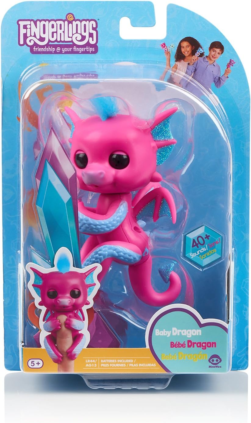 WowWee Fingerlings Drache pink mit blauem Glitzer Sandy - 3583 / interaktives Spielzeug, reagiert au
