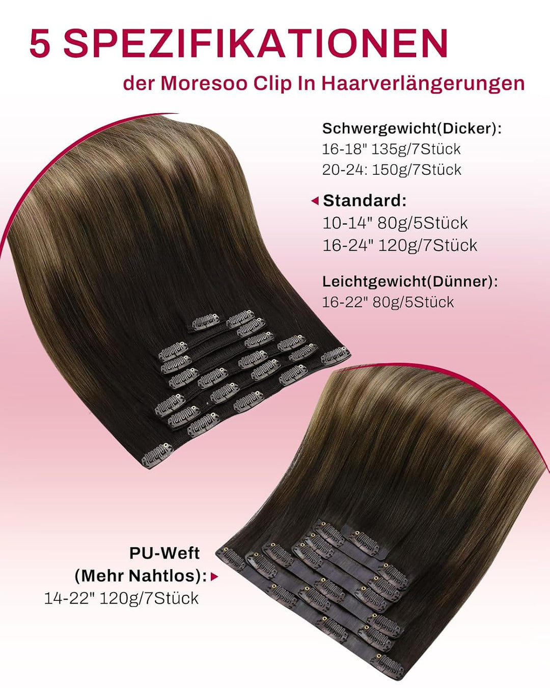Moresoo Clip in Extensions Echthaar Balayage Braun mit Dunkelblond Remy Echthaar Extensions Clip 45c