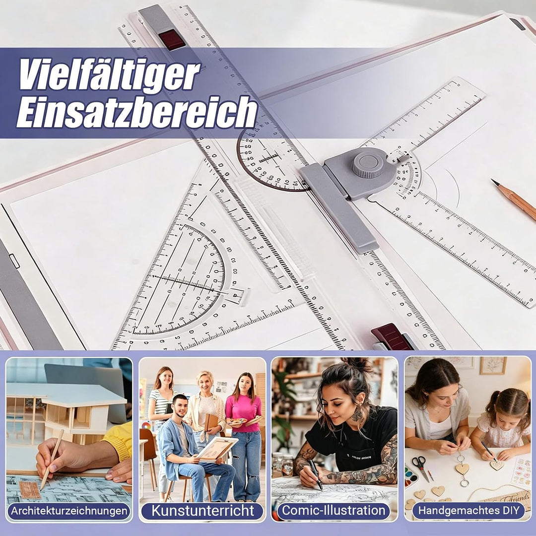 A3 Zeichenbrett Professioneller DIN A3 geo-Board zeichenplatte mit Schnell-Zeichendreieck, Parallel-