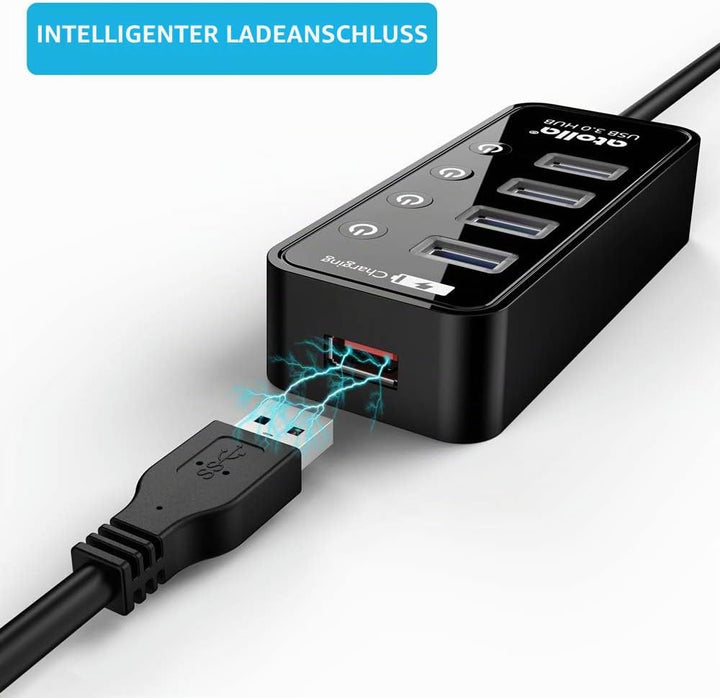 Atolla USB 3.0 Hub mit Strom versorgt, USB Hub mit 4 Ports Steckdosenleiste mit individuellen EIN-/A