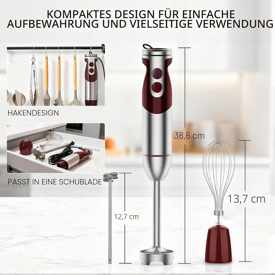3-in-1 Taucher-Stabmixer, leistungsstarker 1000 W Edelstahl-Stabmixer, 4 scharfe Klingen mit Schneeb