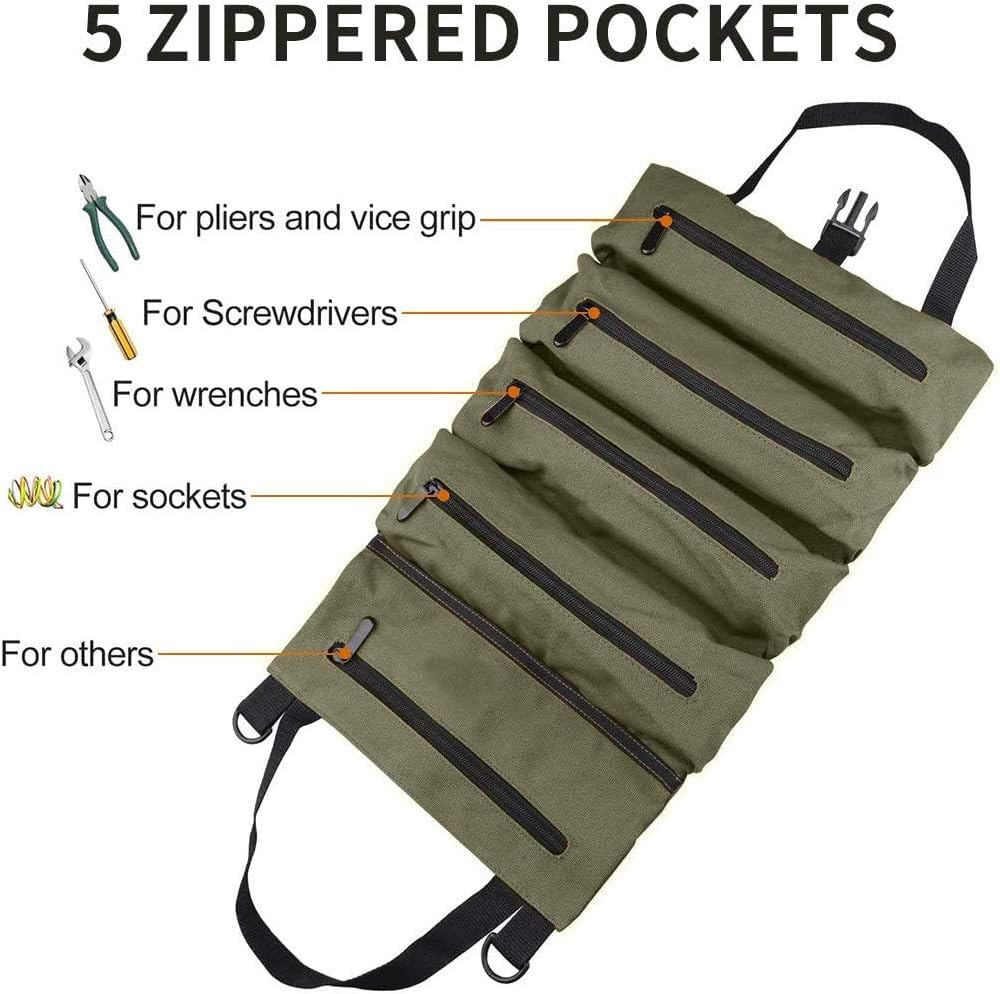 Super Roll Tool Roll,Multi-Purpose Roll Up Tool Bag, Wrench Roll,Canvas Tool Organizer Bucket,Car Fi
