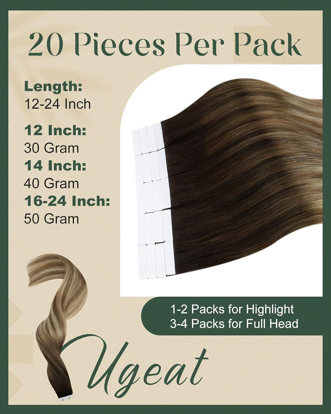 Ugeat 50 Gramm Haarverlängerung Echthaar Tape Hair Extension 45cm Haare Tapes Extensions Echthaar 20