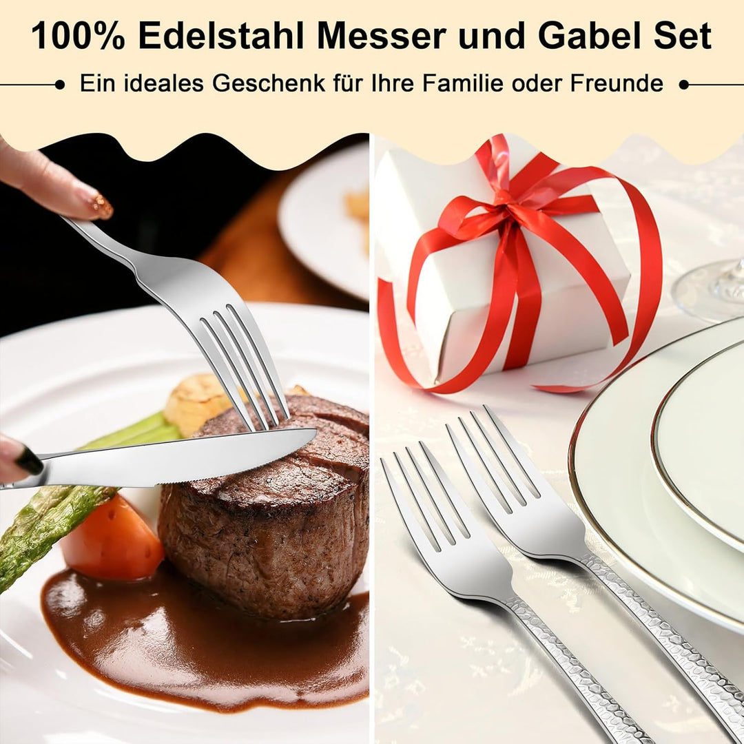 Herogo Steakbesteck Set, 24-teilig Edelstahl Tafelmesser und Tafelgabeln für 12 Personen, Silber Piz