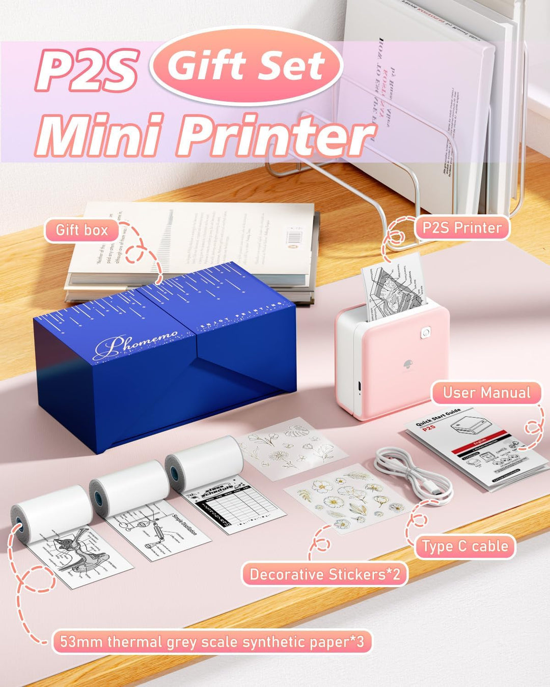 Phomemo Mini Thermodrucker – P2S Fotodrucker für Smartphone, Tragbarer Kabelloser Notizdrucker mit 3