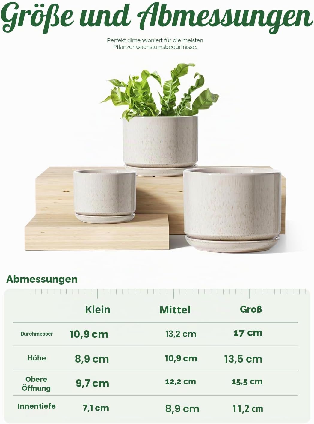 LE TAUCI Keramik Blumentöpfe 4,3+5,3+17,3 cm, 3er Set, Pflanzgefässe mit Ablaufloch und Untersetzer,