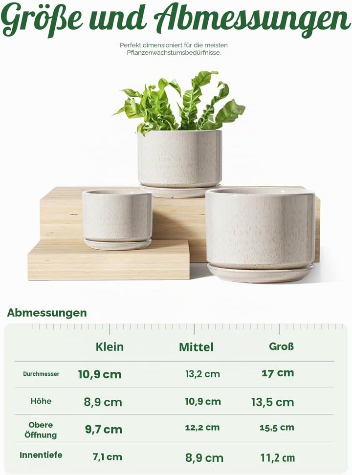 LE TAUCI Keramik Blumentöpfe 4,3+5,3+17,3 cm, 3er Set, Pflanzgefässe mit Ablaufloch und Untersetzer,