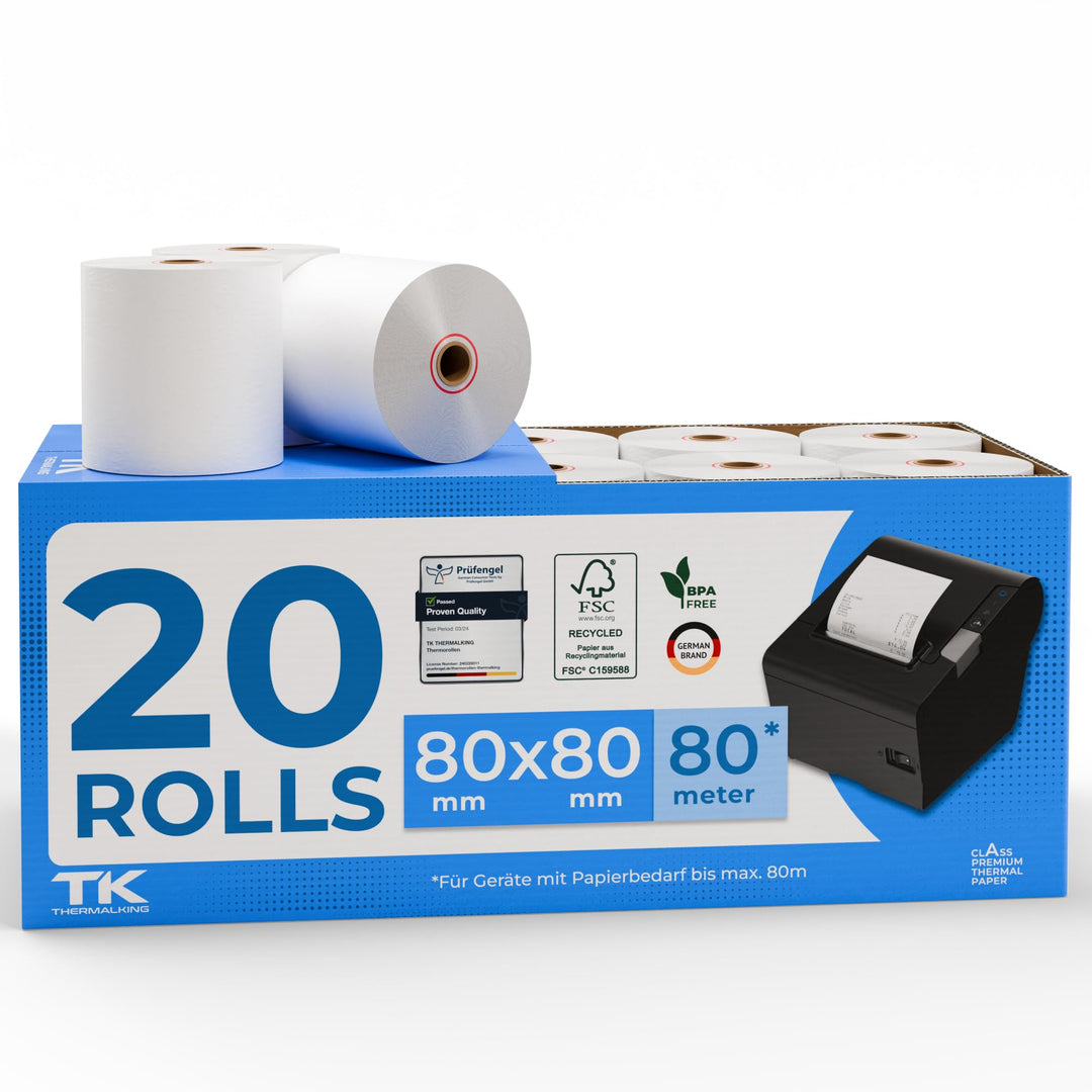 Thermorollen 80mm x 80mm x 12mm – Thermopapier Bonrollen (80 80 12) 48g - zertifiziert für Kassen-Dr