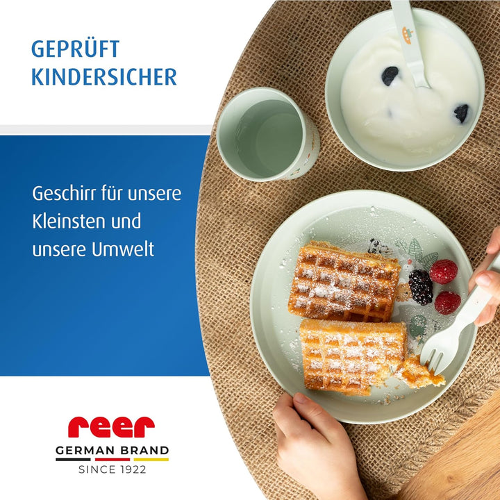 reer Kindergeschirr Set | Motiv: Little Explorer | Biokunststoff-Geschirr für Kleinkinder aus 100% I