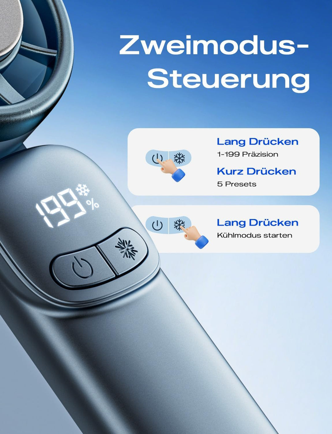 MAGIC JOHN Mini Handventilator mit Kühlung, 199 Lüfterstufen, bis zu 11h Laufzeit, USB-C Akku auflad