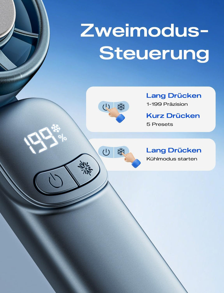 MAGIC JOHN Mini Handventilator mit Kühlung, 199 Lüfterstufen, bis zu 11h Laufzeit, USB-C Akku auflad