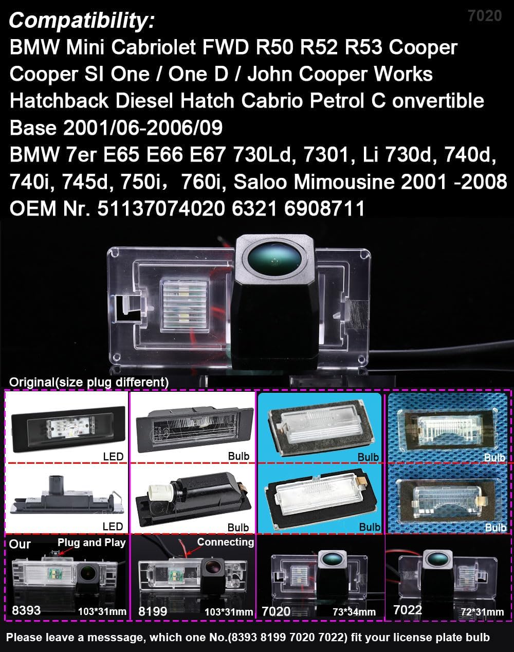 1280P Super HD Nachtsicht Rückfahrkamera Ersatz Pür BMW Mini Cabriolet FWD R50 R52 R53 Cooper SI One