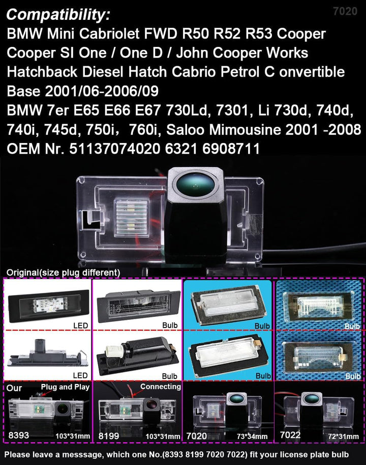 1280P Super HD Nachtsicht Rückfahrkamera Ersatz Pür BMW Mini Cabriolet FWD R50 R52 R53 Cooper SI One