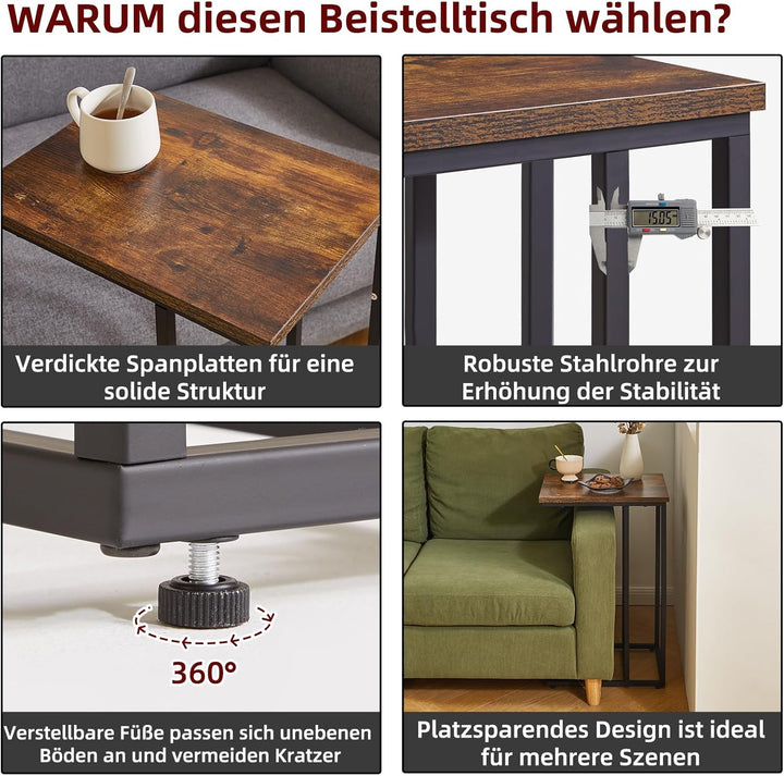 C-förmiger Beistelltisch, Schiebe und Sofatisch, Couchtisch mit Stahlrahmen für Wohnzimmer, Schlafzi