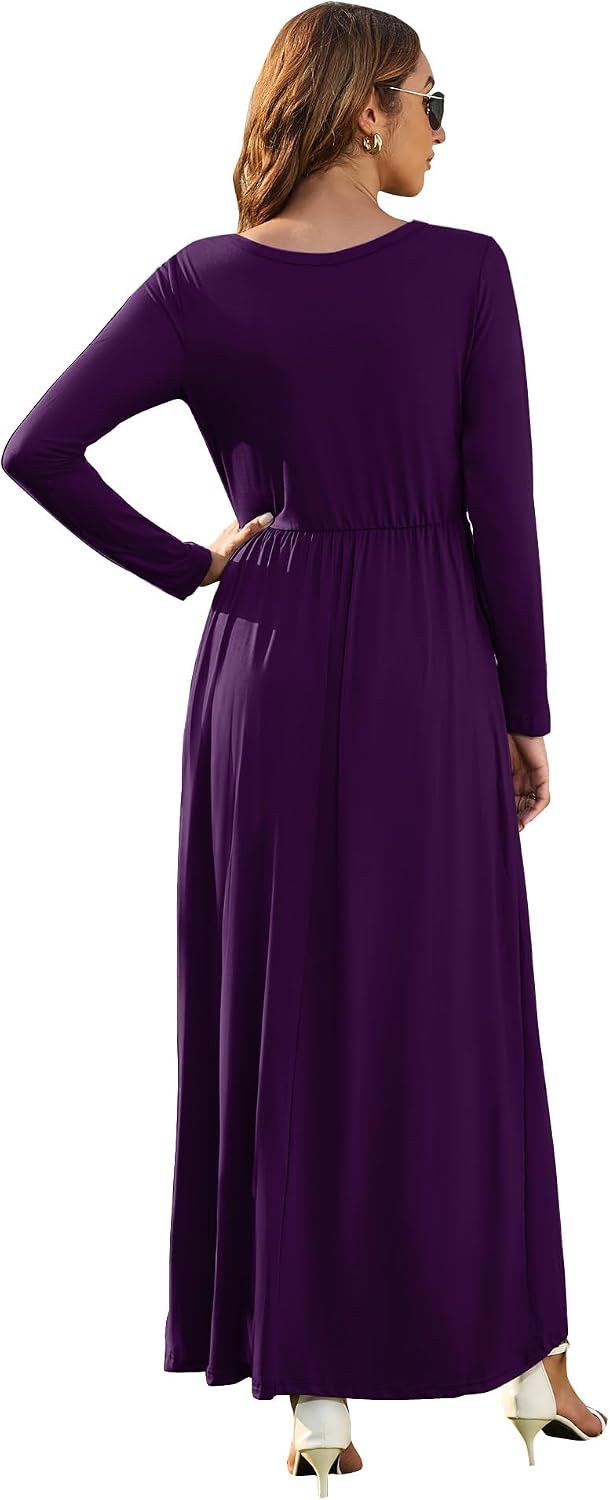 AUSELILY Damen Langarm Maxikleider Lässige Langkleider mit Taschen Winter S Lila, S Lila