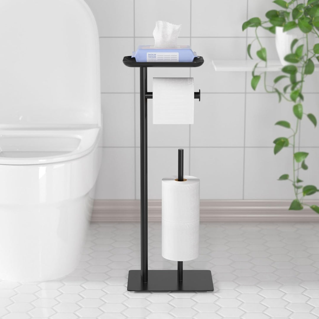 Freistehender Toilettenpapierhalter mit Ablagefläche Oben, schwarzer Toilettenpapierhalterständer, B