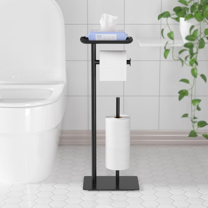Freistehender Toilettenpapierhalter mit Ablagefläche Oben, schwarzer Toilettenpapierhalterständer, B