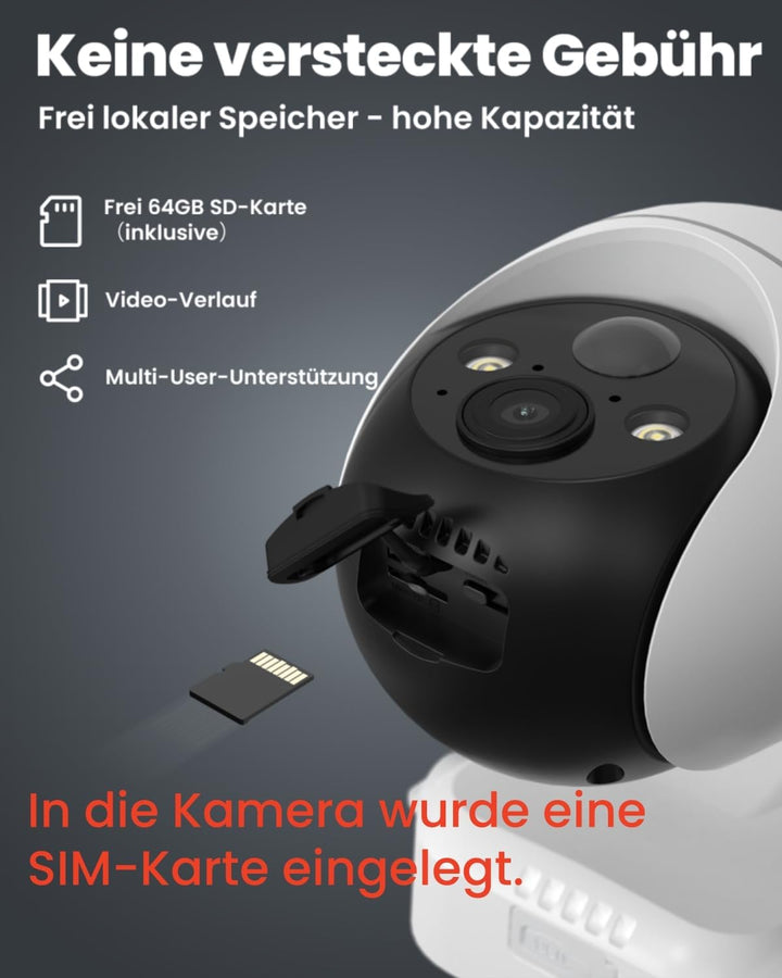 ieGeek 4G LTE Überwachungskamera mit SIM Karte & 64GB Speicherkarte，355°/120° PTZ Kabellos Überwachu