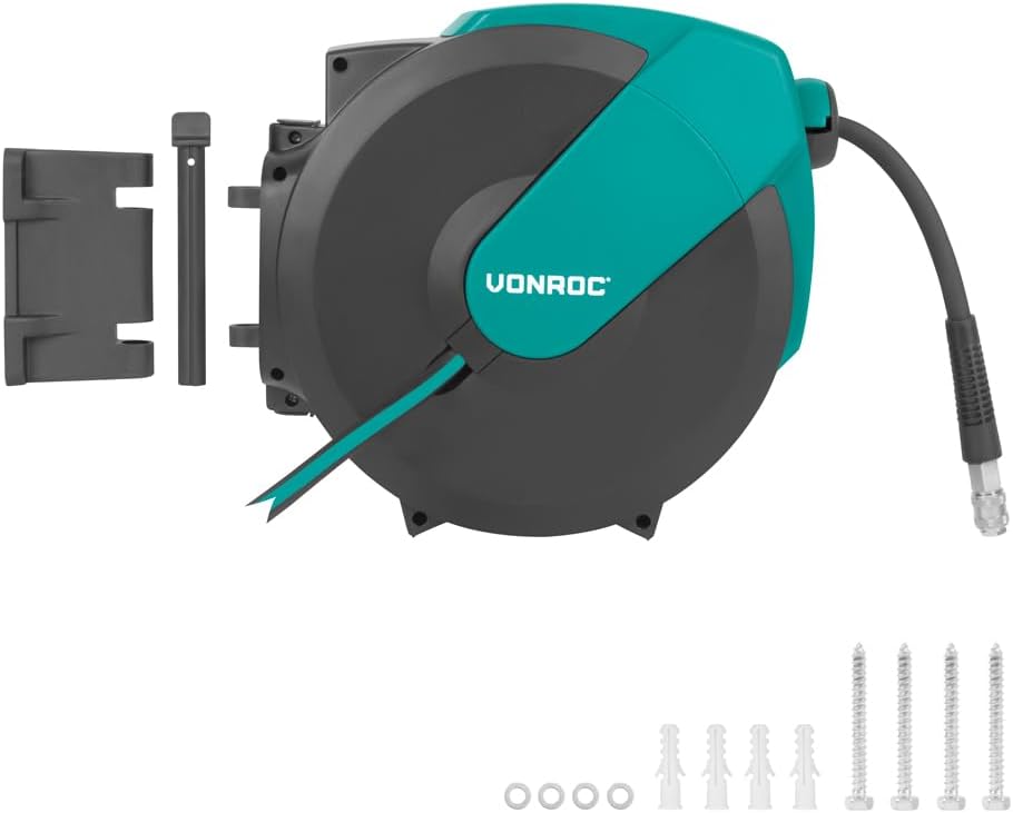 VONROC PRO Automatische Druckluft-Schlauchtrommel 15M – Aufrollbarer Druckluftschlauch, 1m Zuleitung