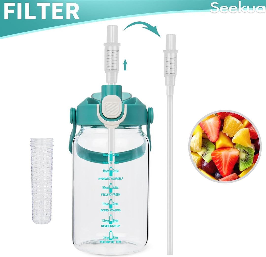 Seekua 1l Trinkflasche Glas Flasche mit Strohhalm & Zeitmarkierung, 1 liter Wasserflasche mit Frücht