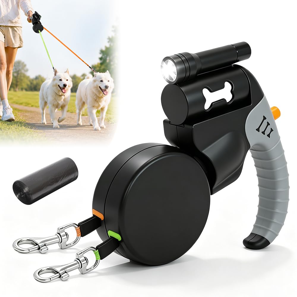 Doppelleine für 2 Hunde Klein, HOVCEH 3 m Hundeleine Flexi mit Licht, Rollleine für Hunde mit 360° D